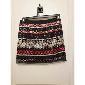 Chelsea & Violet Mini Skirt Black Geometric Sequin Pattern Red Silver Women's M